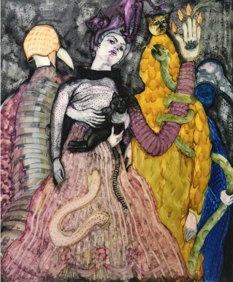 My Cats and Snakes,&nbsp;2020, Ink and watercolor on paper