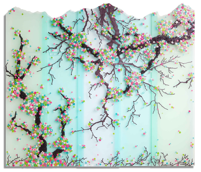 Return to Nature, 2025, Plastic buttons, Mulberry paper buttons, beads, and pins on Plexiglass