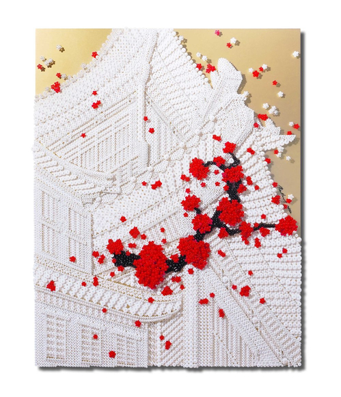 The Red Wind, 2022, Plastic buttons, beads and pins on wood panel&nbsp;