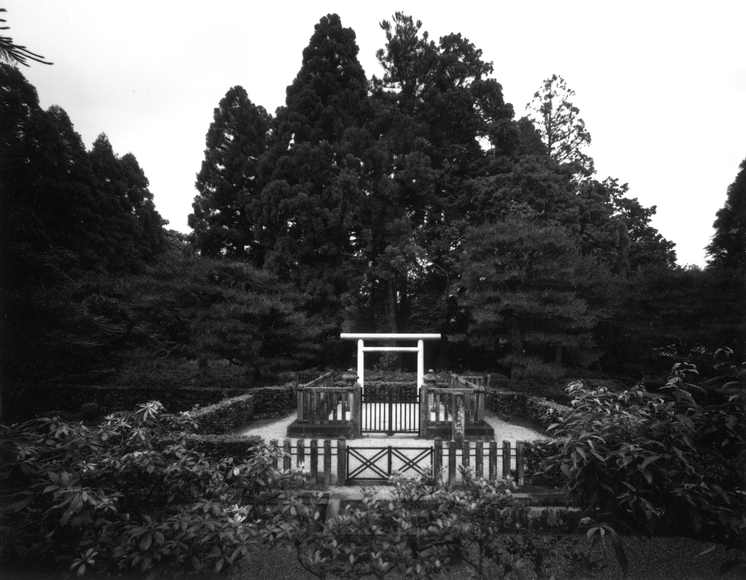 Black and white photo of a Japanese shinto shrine in a forested park.