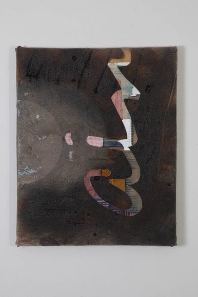 Jodi Hays ain't, 2023 spray enamel, dyed cardboard, textile collage and stretched, found paint tarp 20 x 16 inches
