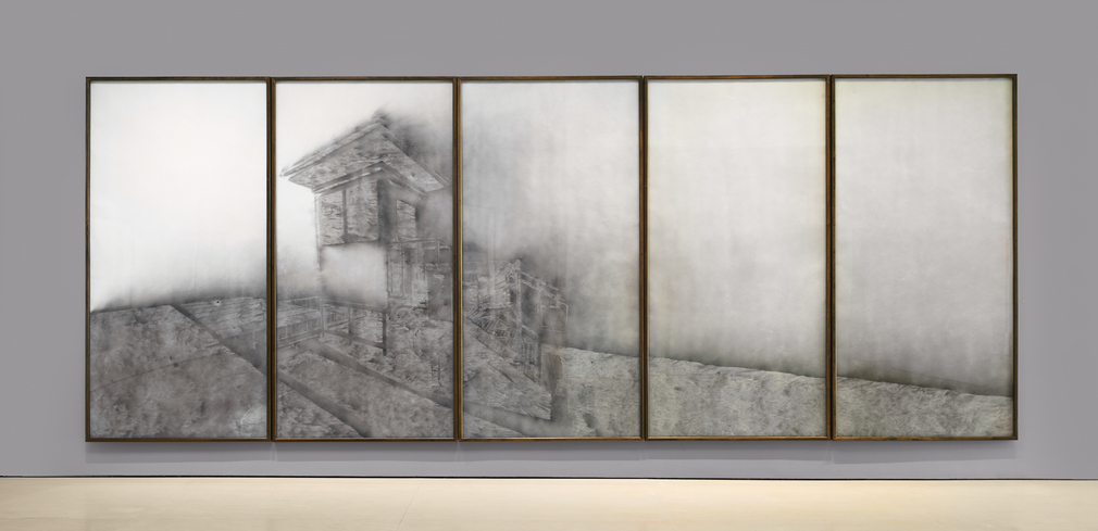 Nick Vaughan &amp; Jake Margolin Round Up, 2025 charcoal powder and wind on paper overall: 93 x 230 inches each panel: 93 x 45 inches