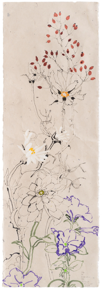 Ode to Jakuchu VI, 2025 Oil and acrylic on Japanese paper 37 x 12 1/2 inches