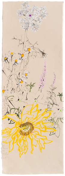 Ode to Jakuchu VIII, 2025 Oil and acrylic on Japanese paper 37 x 13 1/4 inches