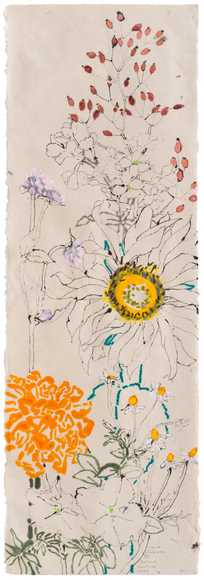 Ode to Jakuchu XI, 2025 Oil and acrylic on Japanese paper 37 x 12 1/4 inches