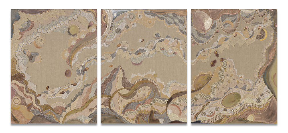 Come, 2025, ink and watercolor on linen, 48 x 108 inches/122 x 274.3 cm