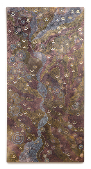 Spine, 2025, watercolor, color pencil and iron oxide on canvas, 72 x 36 inches/182 x 91 cm
