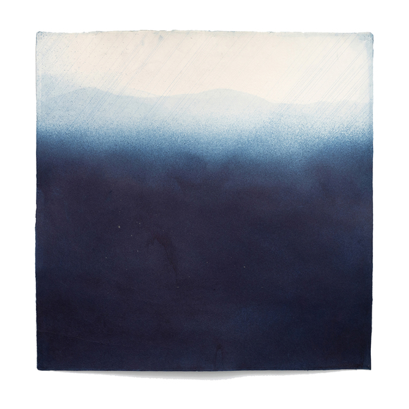 Keiu (Rain In The Valleys), 2023, natural indigo dye, micronized pure silver, graphite, kozo paper, 39 x 39 inches/99 x 99 cm