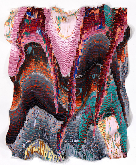 Kenny Nguyen, Eruption Series No. 81, 2025, hand-cut silk fabric, acrylic paint, canvas, mounted on wall, 72 x 58 inches/183 x 147 cm