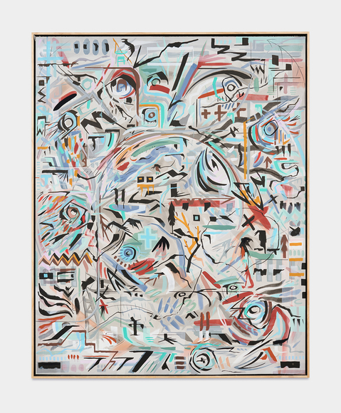 Matthew Kirk, A Long Line of Heroes, 2026, acrylic ink, graphite, India ink on Sheetrock panels in artist&rsquo;s frame, 61 x 49 inches/154.9 x 124.5 cm