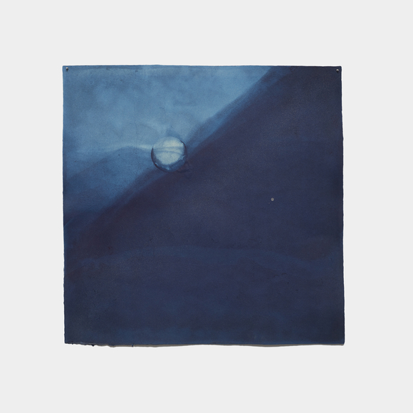 Miya Ando, Tsukiwaseizanniotsu (The Moon Goes Down To The West Mountains/ Zengo), 2023, natural indigo dye, micronized pure Silver, kozo paper, 39 x 39 inches/99 x 99 cm