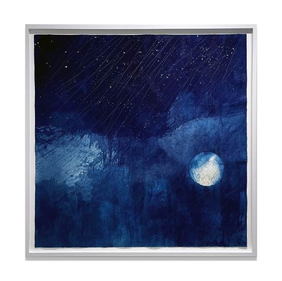 Ushingesseki (Rain In The Morning And Evening When The Moon Rises) January 15 2022, 2022, natural indigo dye, micronized pure silver, kozo paper, 79 x 79 inches/200 x 200 cm