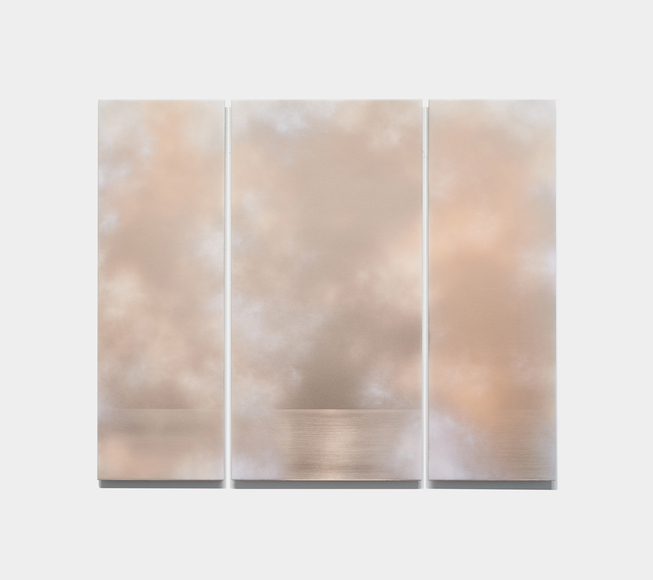 Kuregumo (Ending Clouds or Evening Clouds) Early Autumn 2025, 2025, micronized pure silver, pigment, resin &amp;amp; urethane on aluminum, 48 x 56 inches/121.9 x 142.2 cm