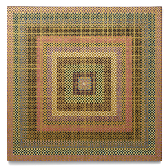 Origin, 2025, watercolor, color pencil and iron oxide on canvas, 60 x 60 inches/152.4 x 152.4 cm