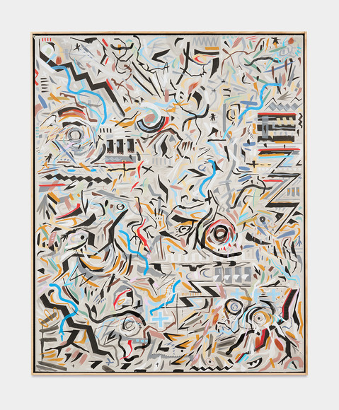 Look How Fast It Goes, 2026, acrylic ink, graphite, India ink on Sheetrock panels in artist&rsquo;s frame, 61 x 49 inches/154.9 x 124.5 cm