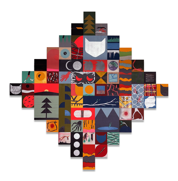 One Spark of Wonder, 2025, mixed media on plywood panels, tar paper and Coroplast, 78 x 78 inches/198.1 x 198.1 cm