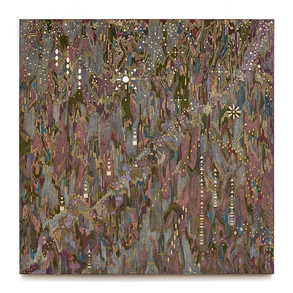 Rhythm, 2025, watercolor, color pencil and iron oxide on canvas, 48 x 48 inches/122 x 122 cm