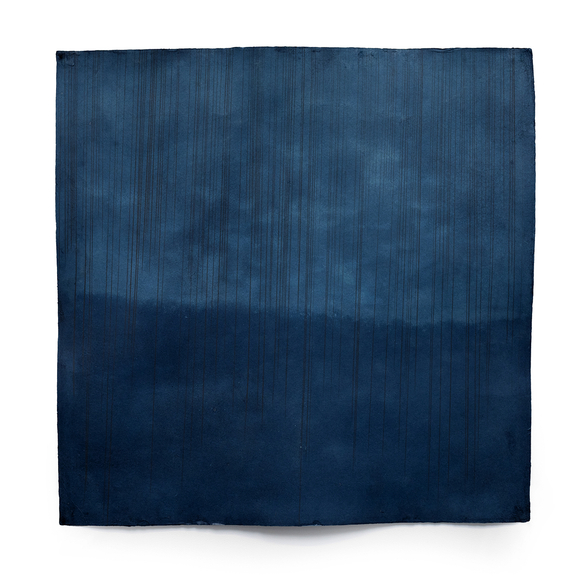 Itomizu (Thread Water/ Raindrops That Fall Like Threads From The Eaves), 2023, natural indigo dye, micronized pure silver, graphite, kozo paper, 39 x 39 inches/99 x 99 cm