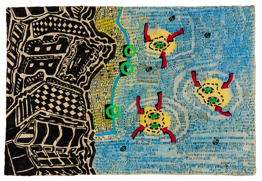 George Widener (b. 1962), "Untitled (Three Yellow Spots with Red Arrows)," 2025. Marker, ink, and paint on paper, 19 1/2 x 29 1/2 in.