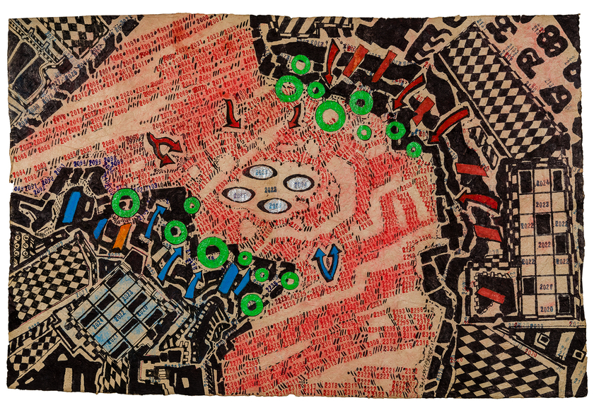 George Widener (b. 1962), "Untitled (Green, Orange, Red Circles)," 2025. Marker, ink, and paint on paper, 19 3/8 x 29 1/2 in.