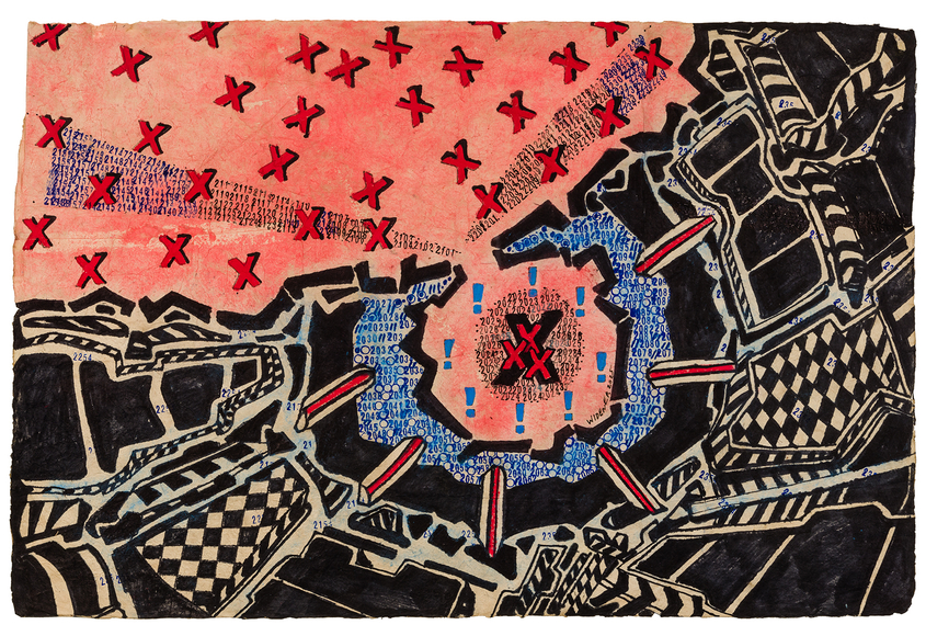 George Widener (b. 1962), "Untitled (Red Xs)," 2025. Marker, ink, and paint on paper, 19 1/2 x 29 1/2 in.