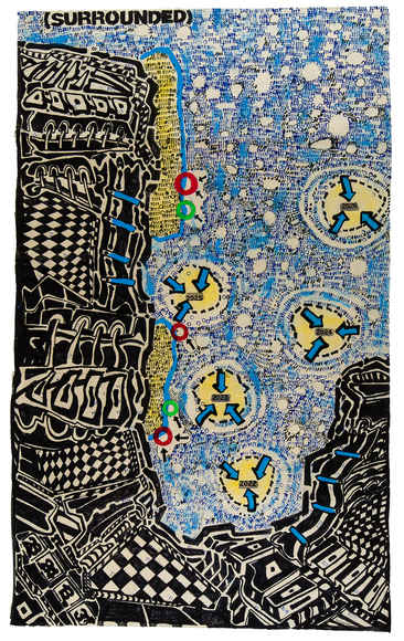 George Widener (b. 1962), "Surrounded," 2025. Marker, ink, and paint on heavy paper, 49 1/2 x 29 3/4 in.