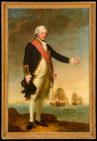 GILBERT STUART (1755&ndash;1828), "Portrait of Captain Sir John Jervis, later First Earl of St. Vincent," about 1783&ndash;87. Oil on canvas, 88 3/16 x 55 1/2 in. Showing original gilded 18th-century frame.