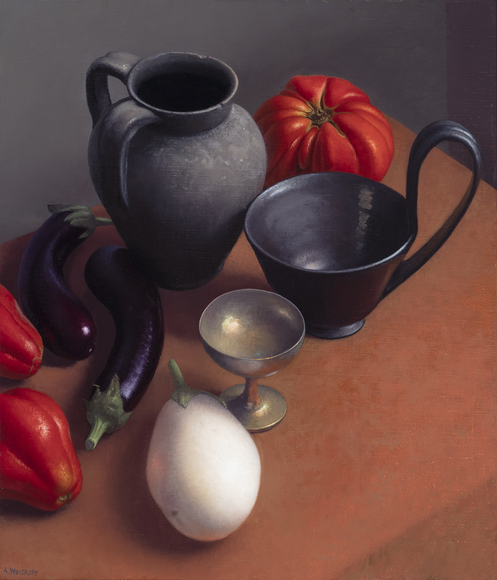 a still-life painting by Amy Weiskopf of purple and white eggplants and tomatoes on a table with Etruscan pottery