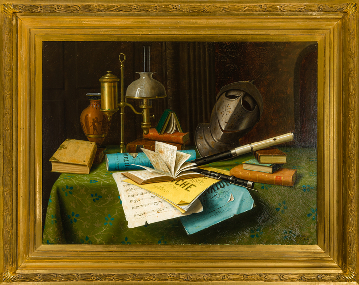 WILLIAM MICHAEL HARNETT (1848&ndash;1892), "A Gentleman&rsquo;s Study," 1881. Oil on canvas, 28 1/8 x 38 in. Showing gilded period frame.