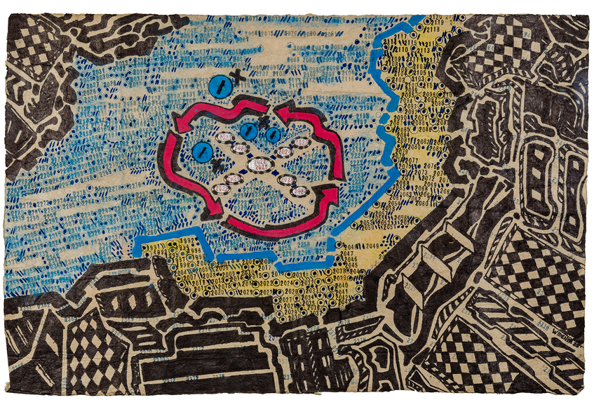 Georgge Widener (b. 1962), "Untitled (with Red Arrows)," 2025. Marker, ink, and paint on brown paper, 19 1/4 x 29 3/4 in.