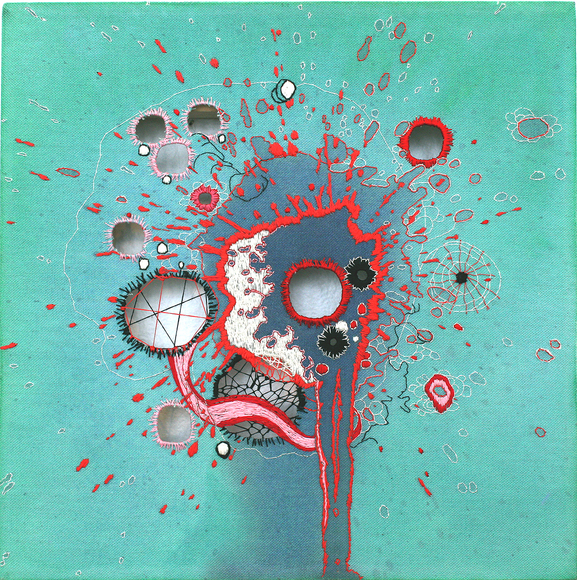 Bright green canvas with "repaired" holes. Red thread outlines the holes