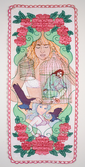 portrait of woman and her inner world embroidered