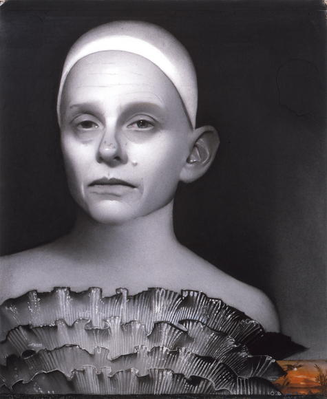 Self Portrait (with 3D postcard), 2009, charcoal and 3D postcard on paper, 37 x 30 inches