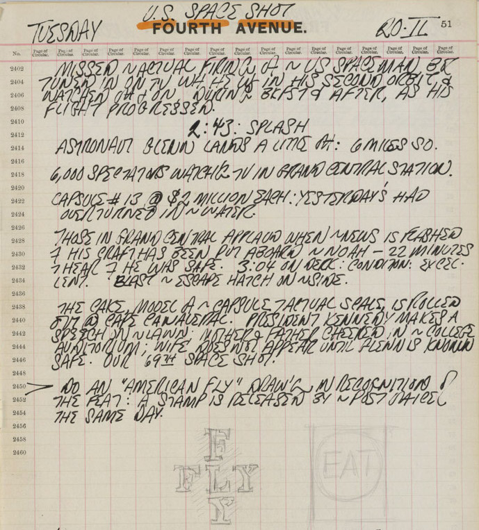 Detail of indiana's journal page for February 20, 1962; page consists mostly of text with two small sketches - one of word FLY written twice, in a cruciform design, and other of the word EAT in a circle within a rectangle