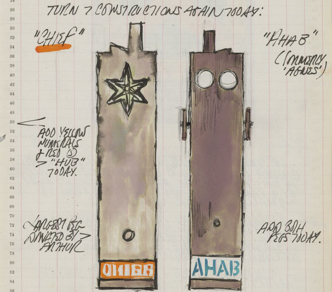 Detail from Robert Indiana's journal entry for&nbsp;June 26, 1962 featuring sketches of the sculptures Chief and Ahab