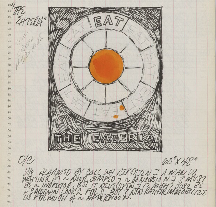 Detail from Robert Indiana's journal entry for May 7, 1962, featuring a black white and red sketch of the painting The Eateria