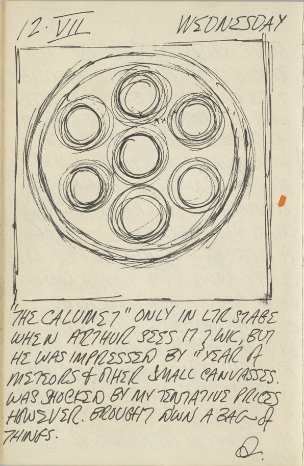 Robert Indiana's journal entry for July 12, 1961, featuring an early black and white sketch of the painting The Calumet