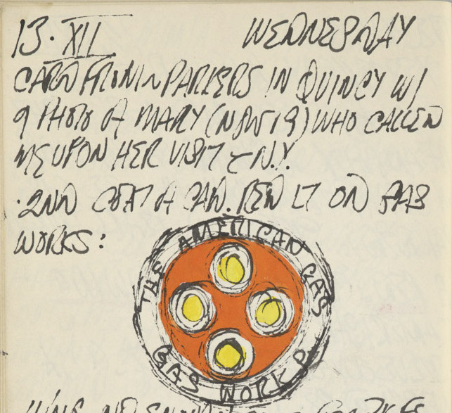 Detail of Robert Indiana's journal page for December 31, 1961 featuring a color sketch of the central circle of the painting The American Gas Works