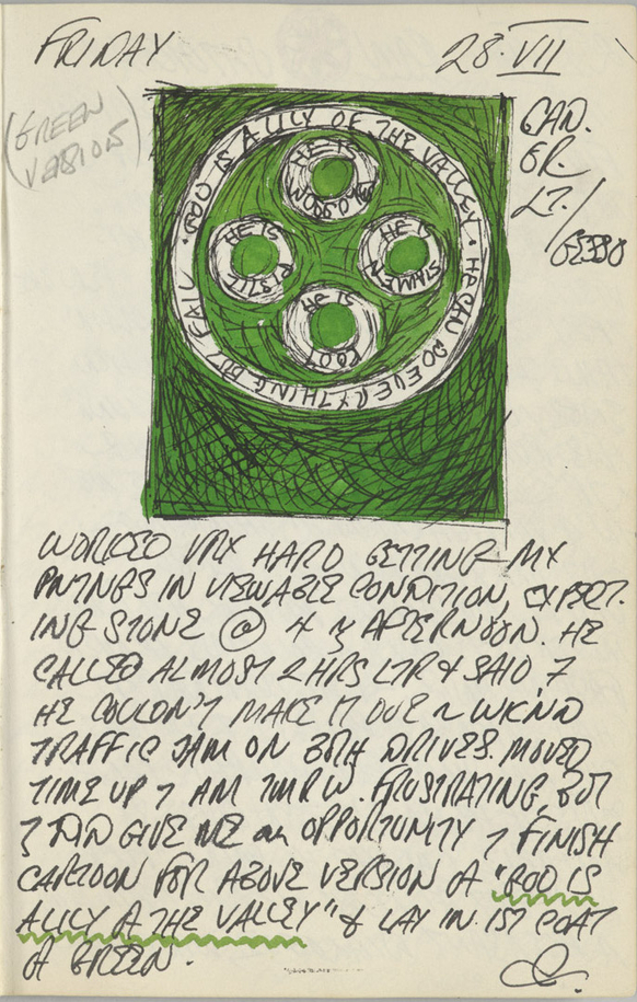 Robert Indiana's journal entry for July 28, 1961 with a sketch of the green painting God Is a Lily of the Valley