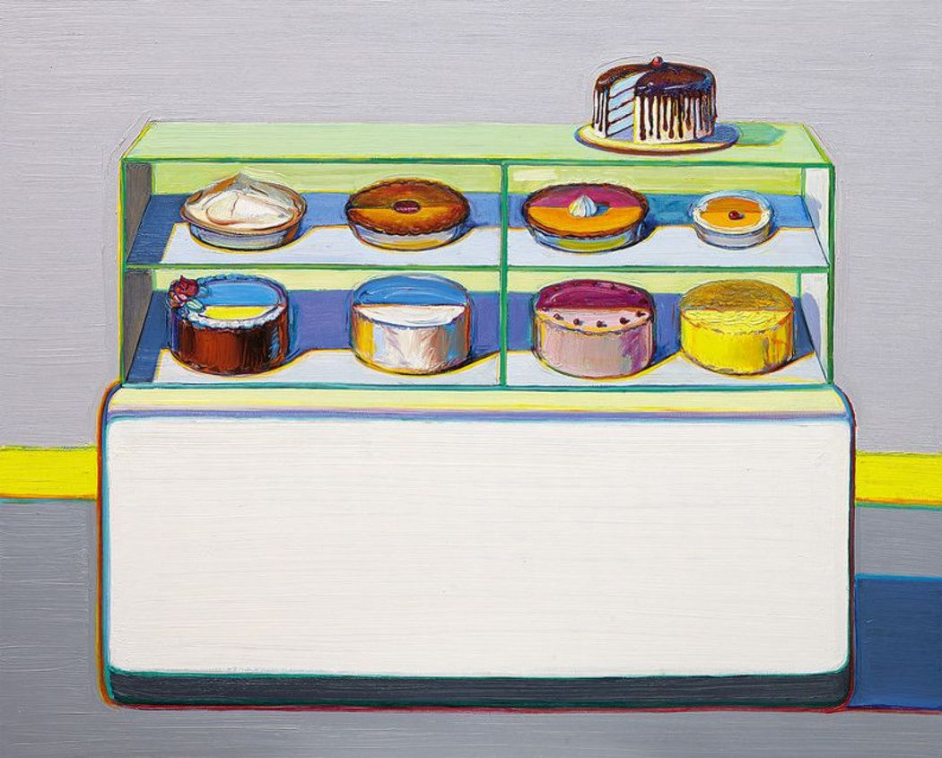 Cold Case by the American artist Wayne Thiebaud. Confections displayed in a deli counter.