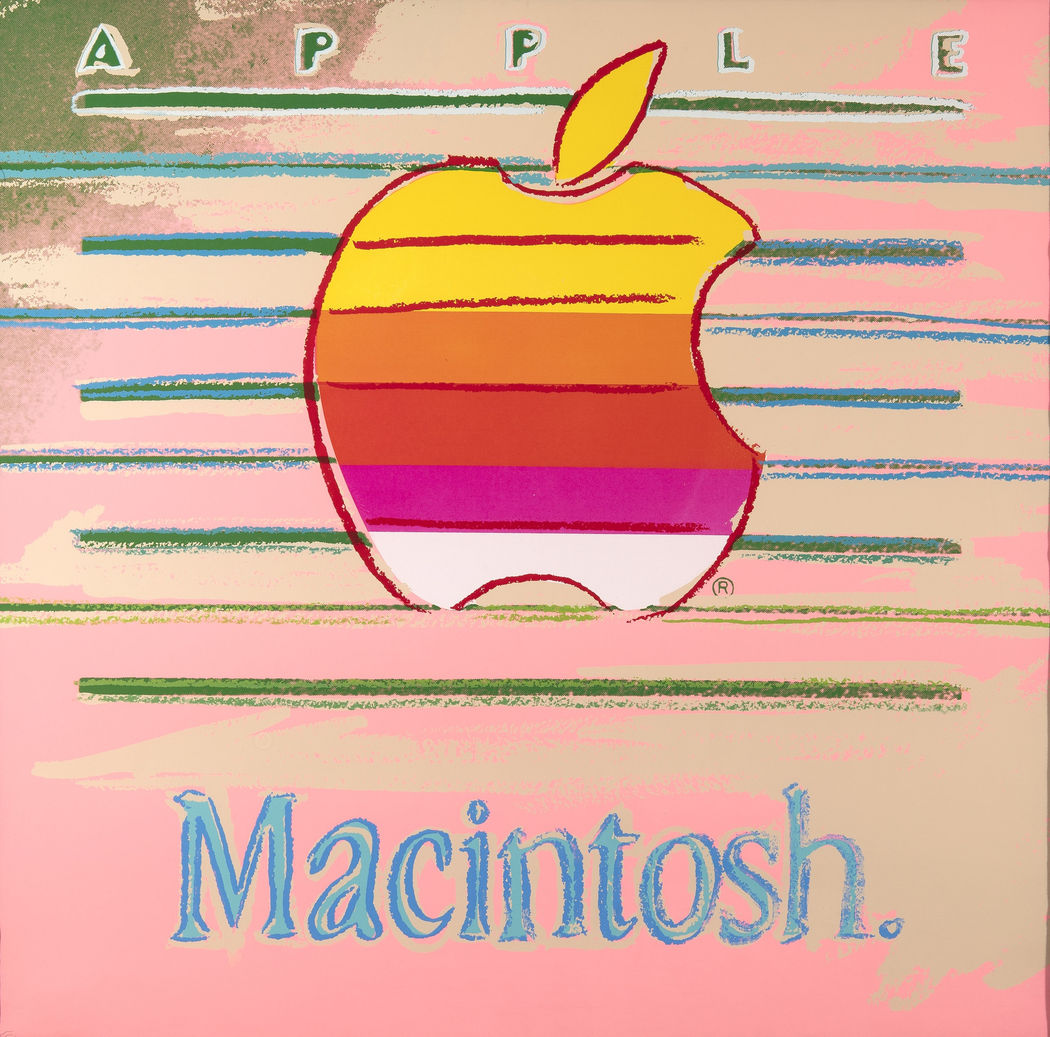 Andy Warhol, Apple Macintosh, The work features the iconic rainbow Apple Macintosh logo, rendered with bold, hand-drawn outlines and vibrant colors against a pastel pink backdrop.