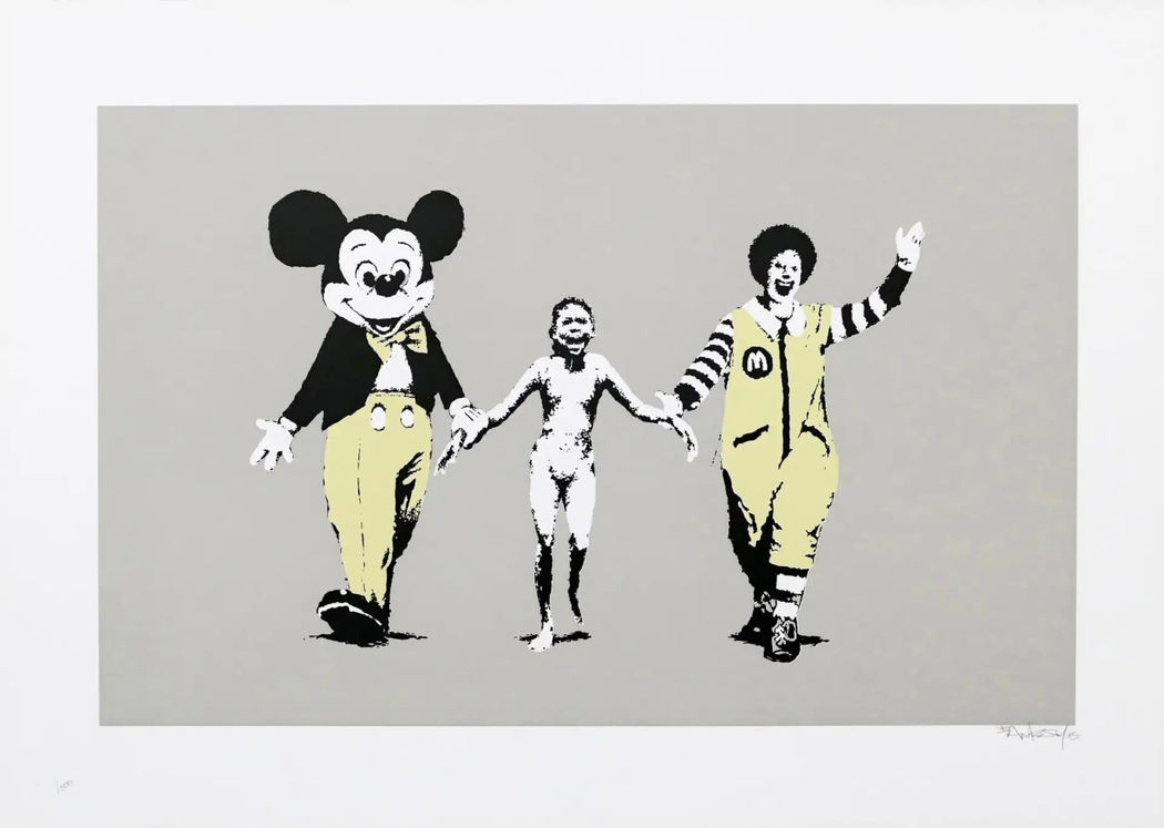 Banksy, Napalm. The work is a stark juxtaposition, featuring American cultural icons Mickey Mouse and Ronald McDonald holding the hands of a naked, screaming Vietnamese girl, famously captured in a Pulitzer Prize-winning photograph from the Vietnam War.