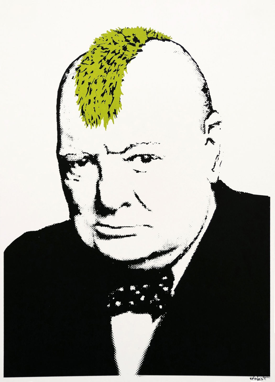 Banksy Turf War The piece is a screenprint from 2003 that reimagines Yousuf Karsh's iconic 1941 portrait of Winston Churchill, giving the former Prime Minister a vibrant green mohawk made of grass turf.