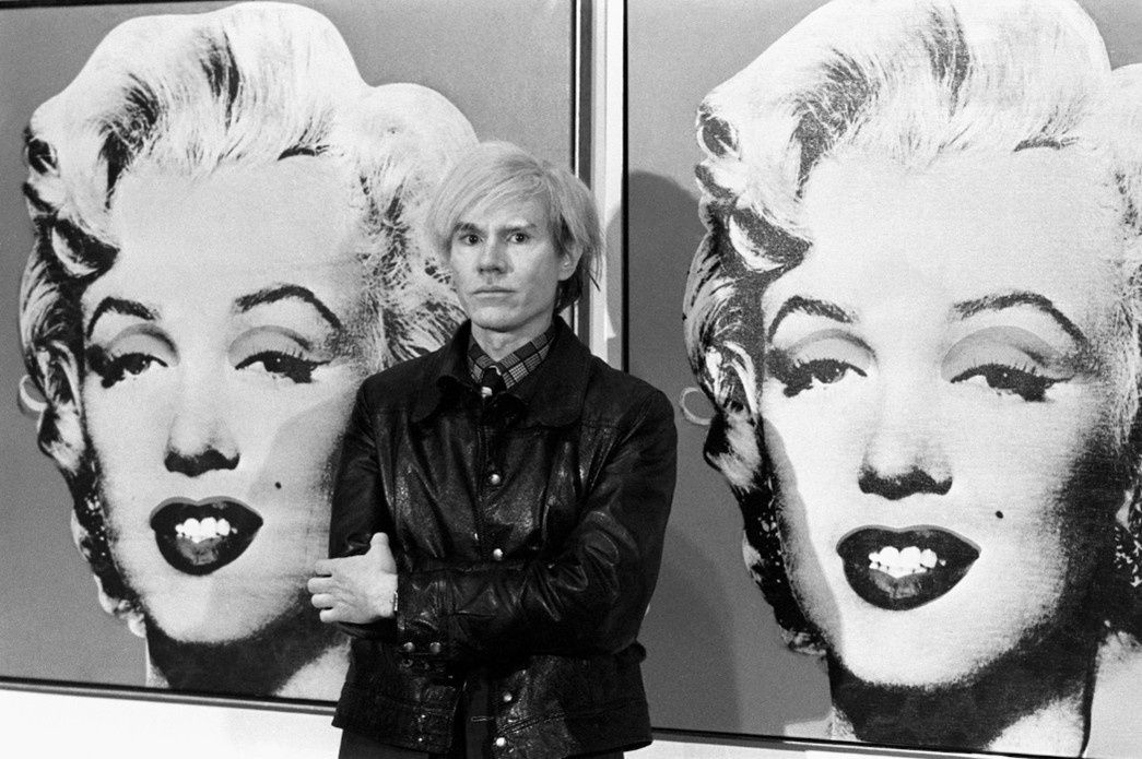 Andy Warhol with two of his paintings of Marilyn Monroe, Tate Millbank, UK, 22 February 1987