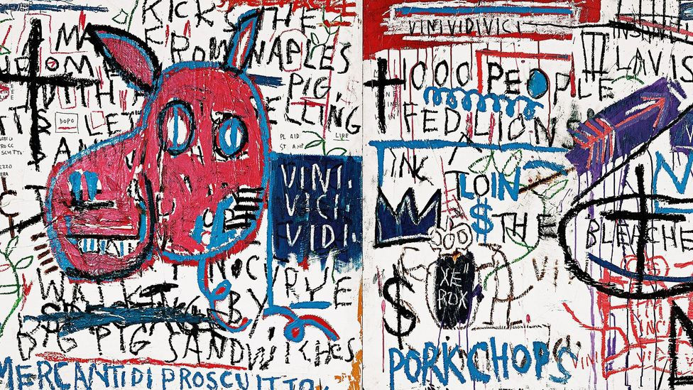 Most expensive Basquiat's sold at auction, Large-scale painting Man from Naples (1982) by American artist Jean-Michel Basquiat. It uses the artist's characteristic visual language and symbols, drawing from street culture. The text "VINI VIDI VICI" is visi