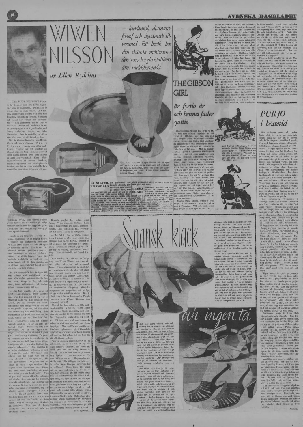 "The flat surface has its own beauty and style" Silver plate, goblet and two rings, the upper one in rock crystal, onyx and silver, the lower one in rock crystal and silver. In the upper corner is the creator Wiwen Nilsson.