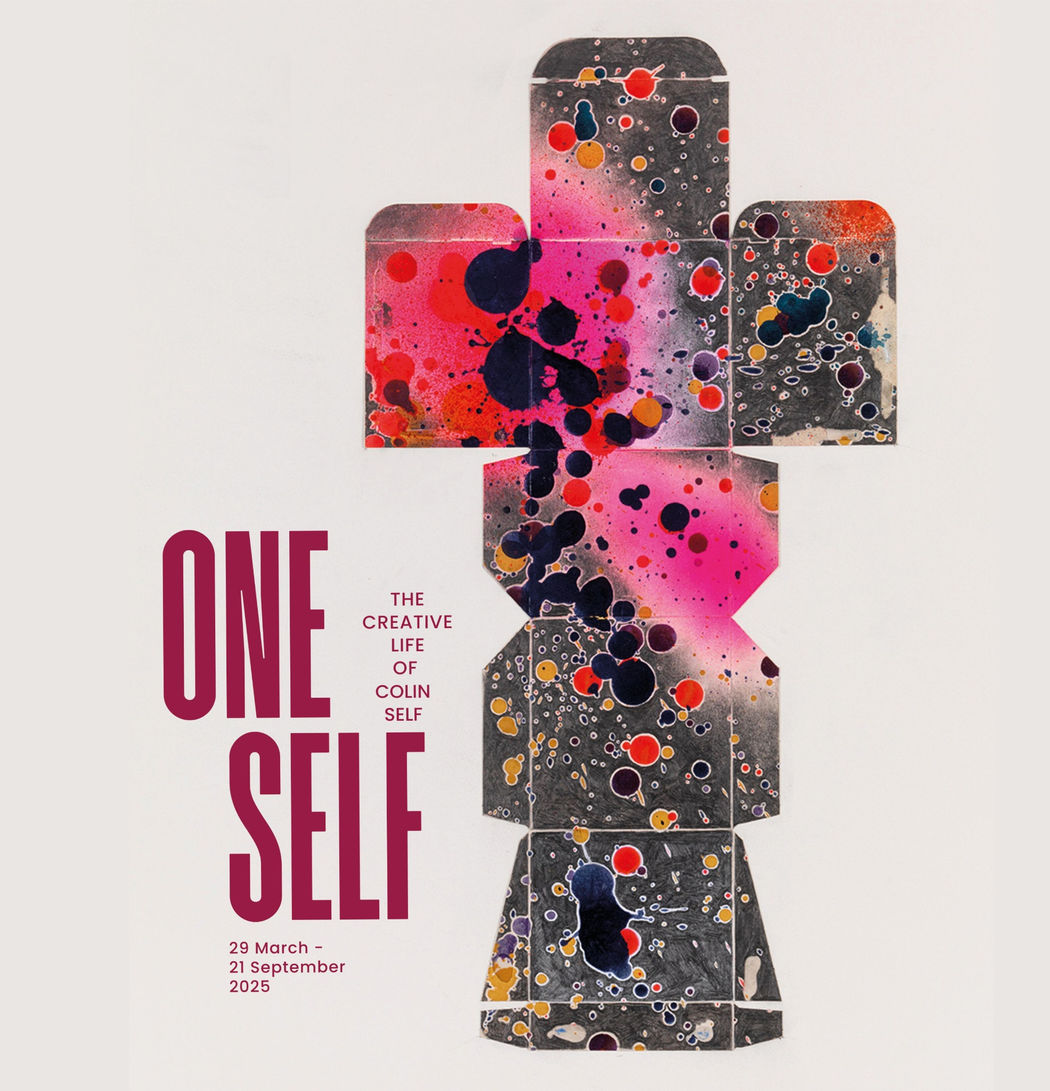 Colin Self, Thunderbird, 2019, Spray paint, graphite crayon and pencil on cardboard Tick Tock Tea packaging. Private collection © Colin Self. All rights reserved DACS 2025.