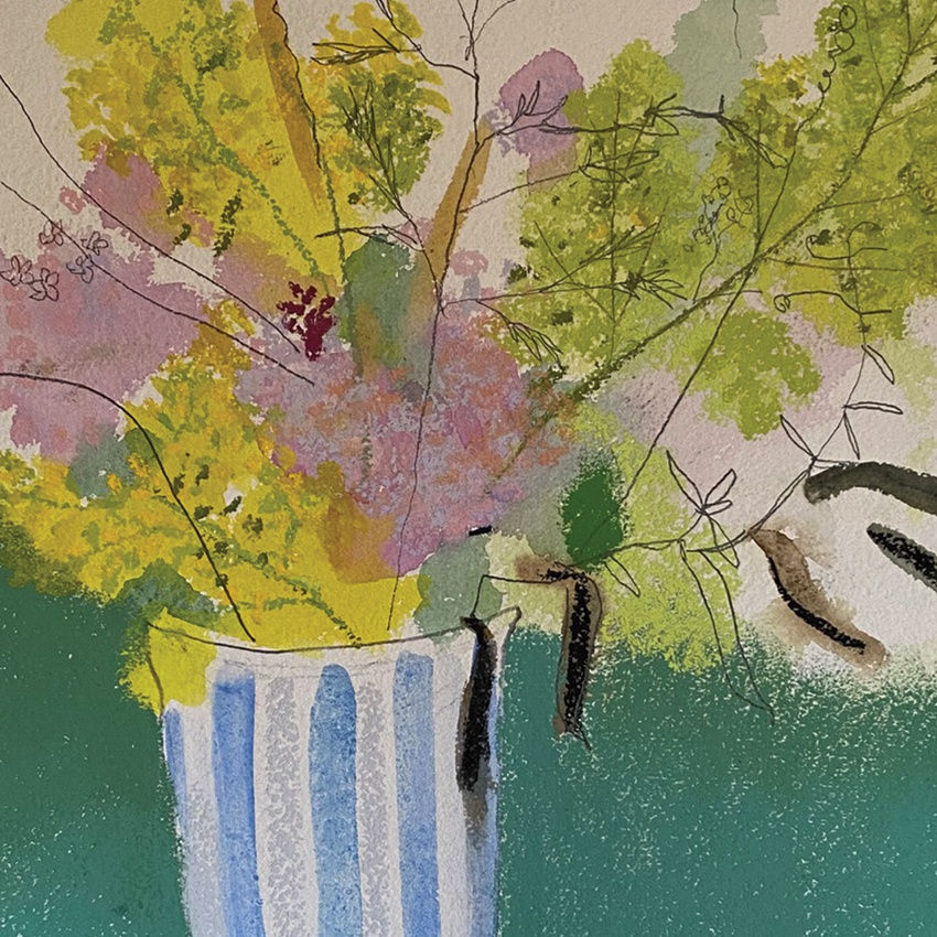 Liff Top Posey [Detail]. Chalk pastel, gouache, watercolour and pencil crayons by Elizabeth Merriman