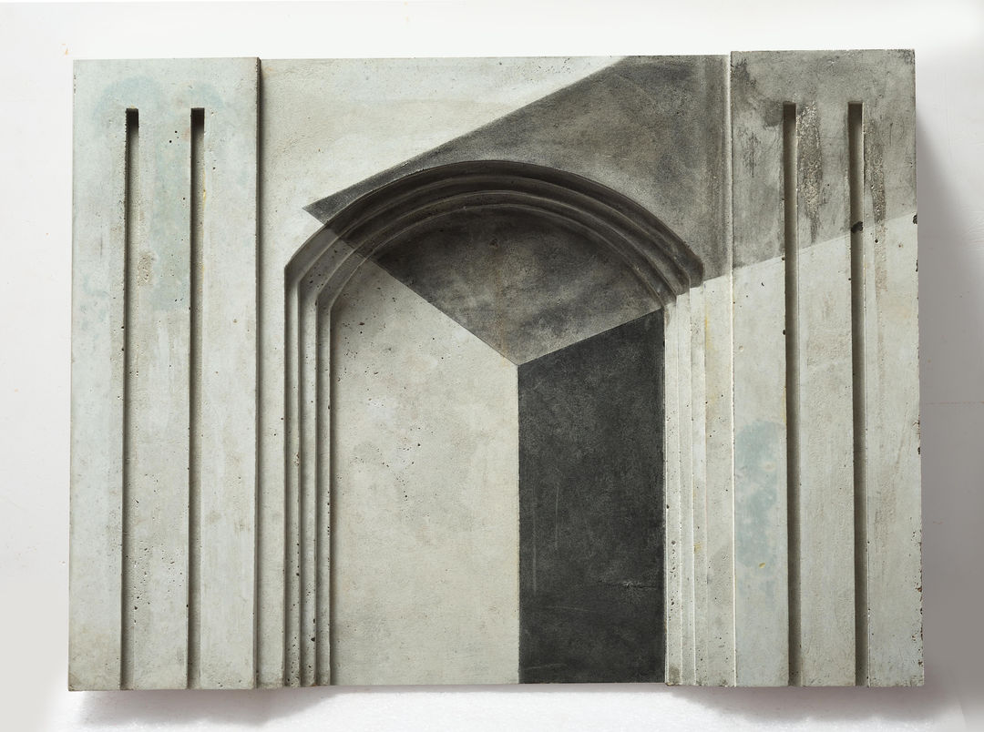 Rathin Barman Lived Spaces and Other Structures V, 2021 Cast concrete and charcoal 12 x 16 x 2 1/4 in 30.5 x 40.6 x 5.7 cm