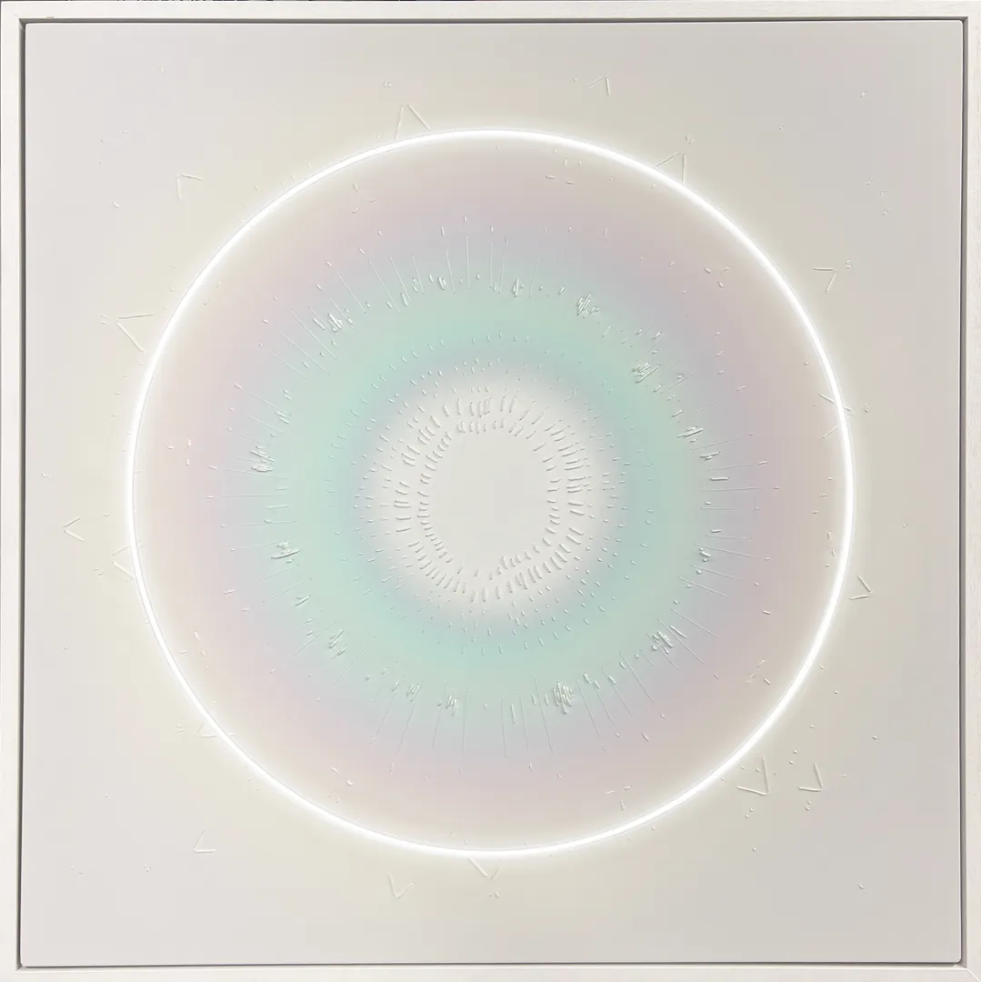 Astral Emanations Light, 2024 Ink, wool and silk thread, fine art canvas, white neon, white wood box frame 101.5x101.5cm unframed 106x106cm framed
